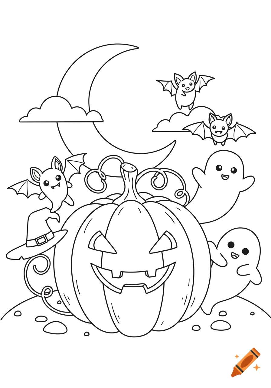 Cute Halloween coloring page with a jack-o'-lantern, friendly ghosts, and bats under a crescent moon. Black-and-white line art.