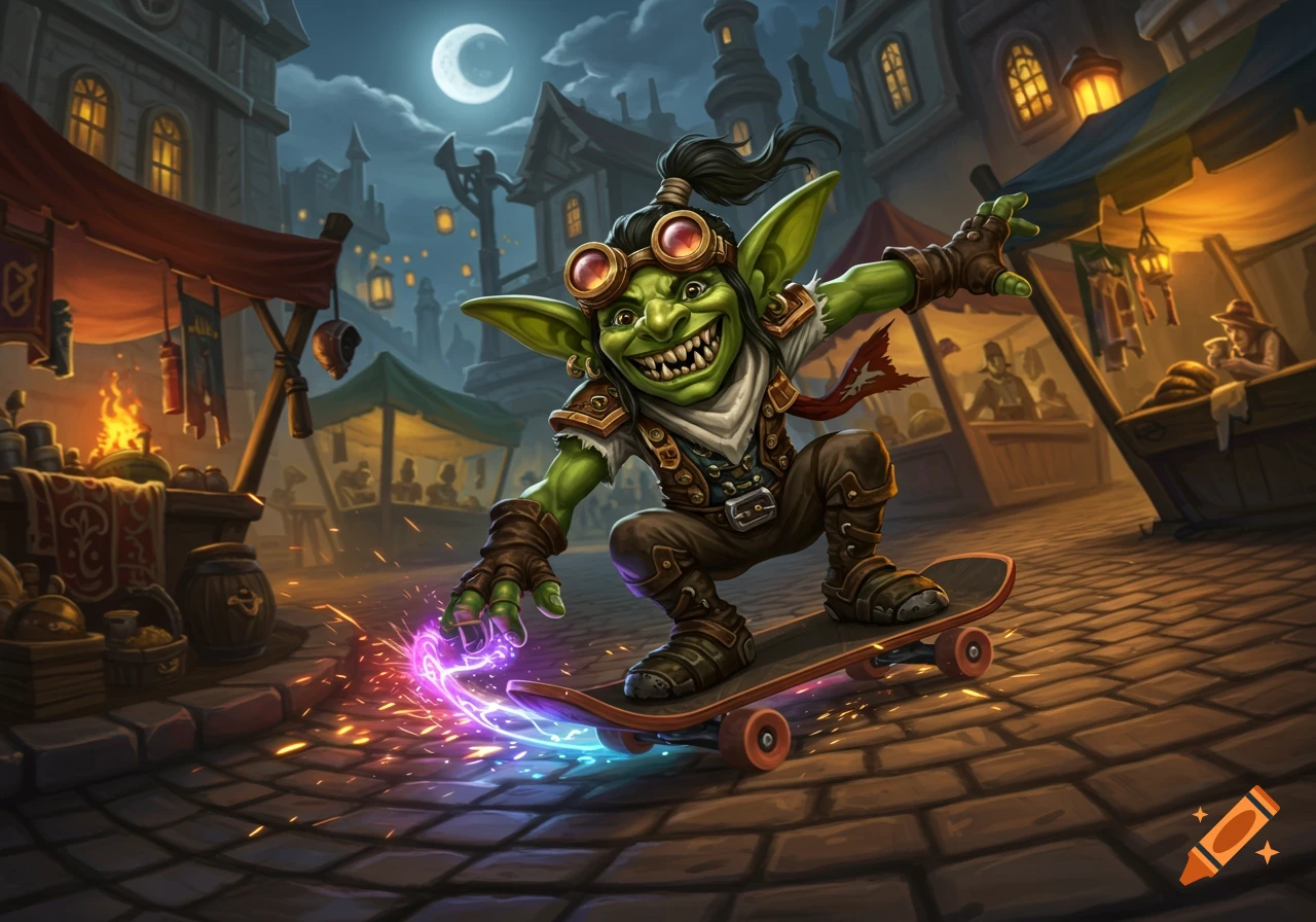 A grinning green goblin in goggles and armor on a skateboard, creating magic sparks, in a bustling fantasy market at night.