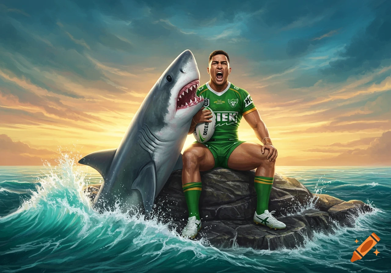 Muscular rugby player in green uniform sits on rocks next to a roaring shark in the ocean at sunset, stylized art.