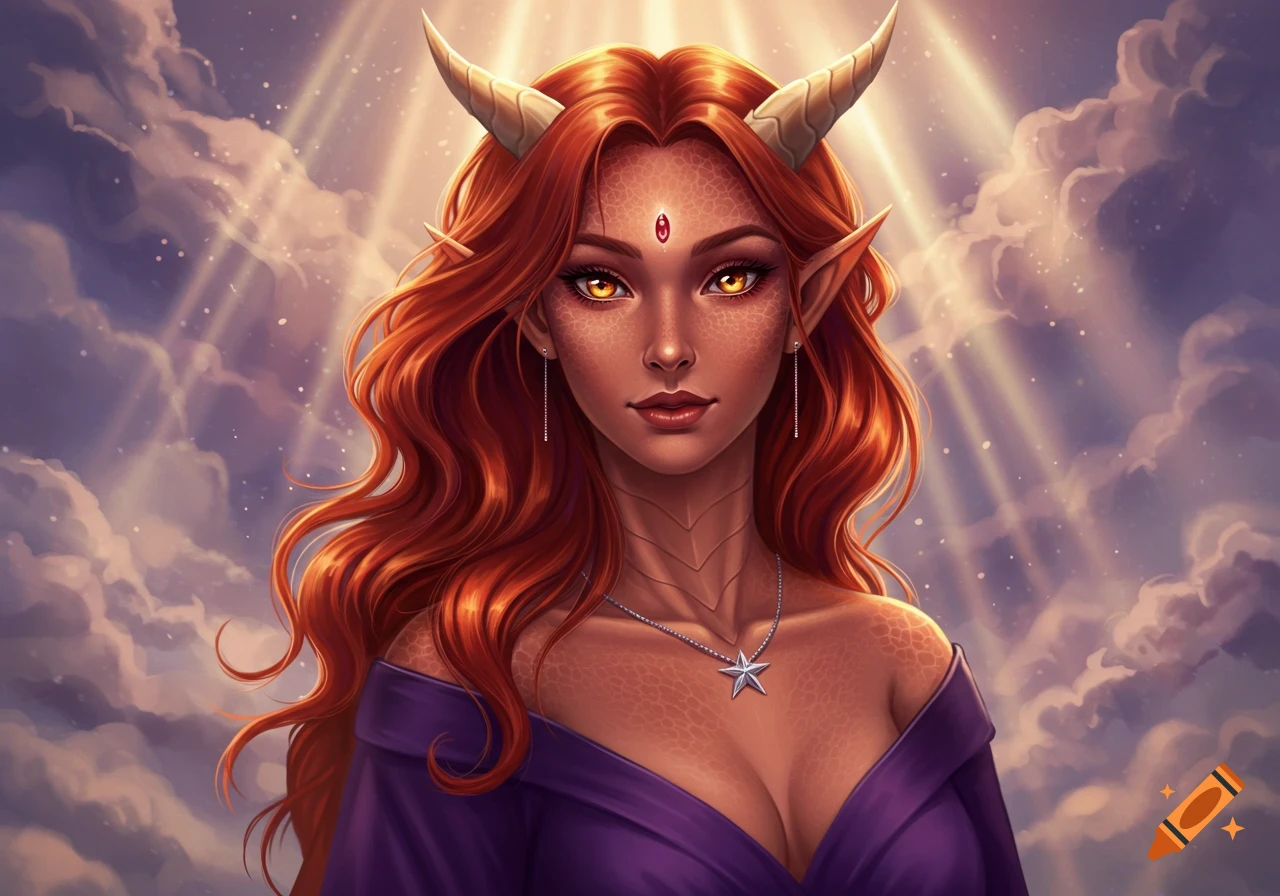 Digital art of a red-haired female dragonborn with horns, amber eyes, scaled skin, a purple gown, and a silver star necklace.