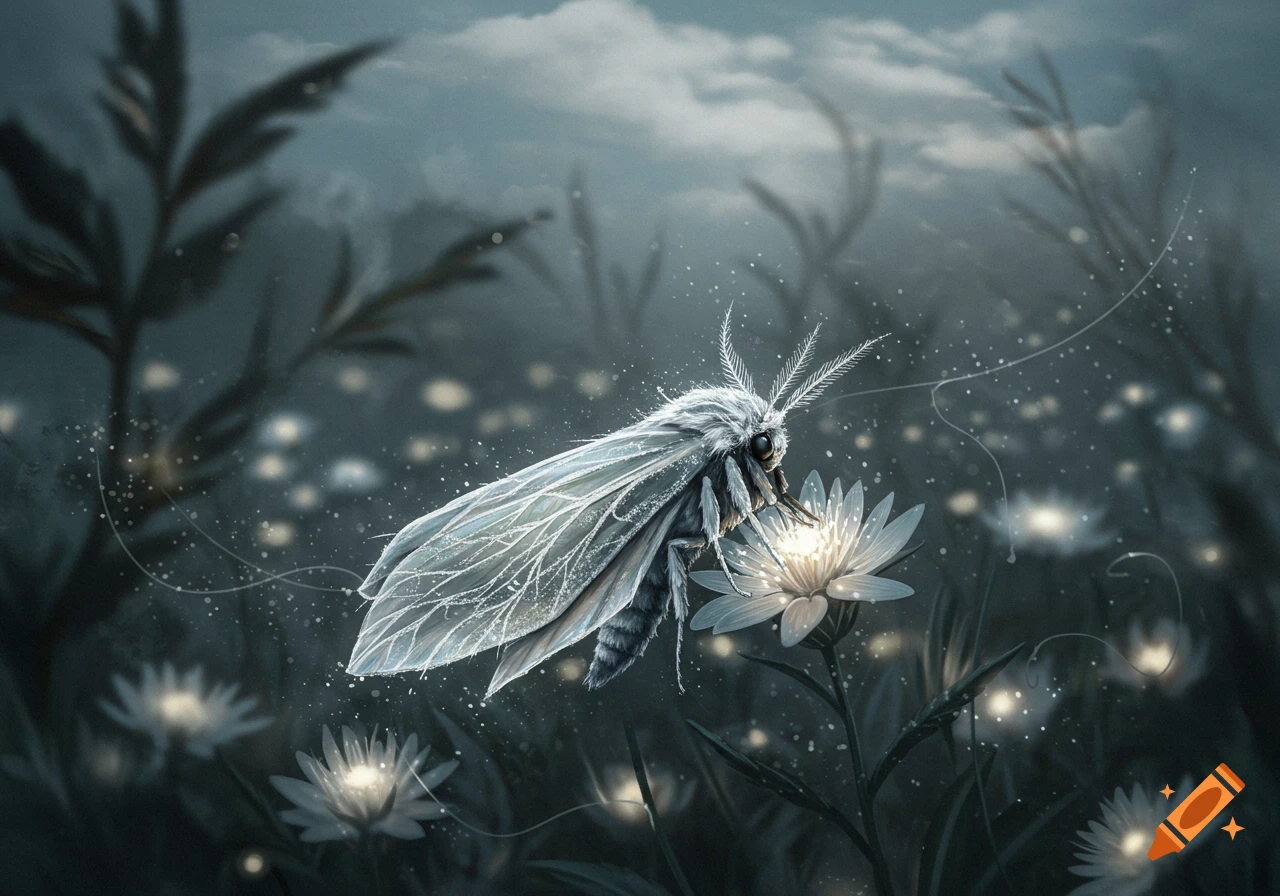 Fluffy white moth with intricate wings perched on a glowing white flower in a mystical dark field.