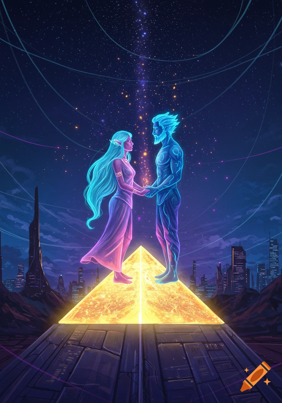 Ethereal glowing man and woman holding hands on a pyramid above a futuristic city under a starry sky, sci-fi fantasy art.