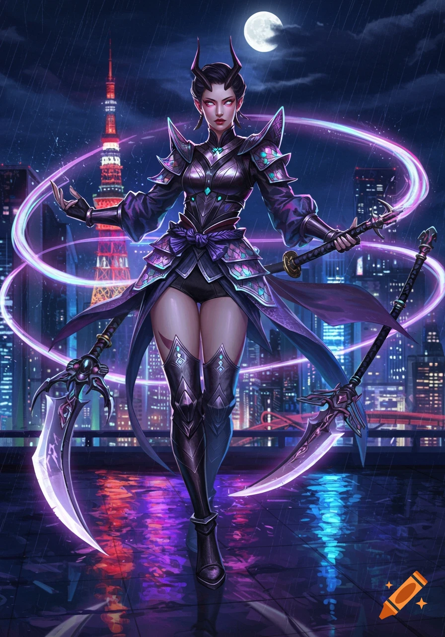A horned female demon hunter in glowing futuristic armor, holding two scythes on a rainy Tokyo rooftop at night. Digital art.