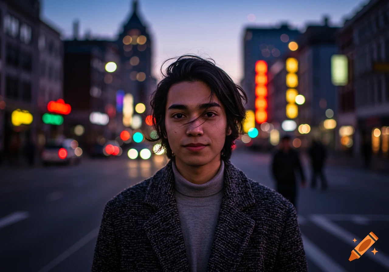 A photorealistic portrait of a young person with dark hair, wearing a gray turtleneck and a dark coat, standing in a blurred city street at dusk with colorful lights.