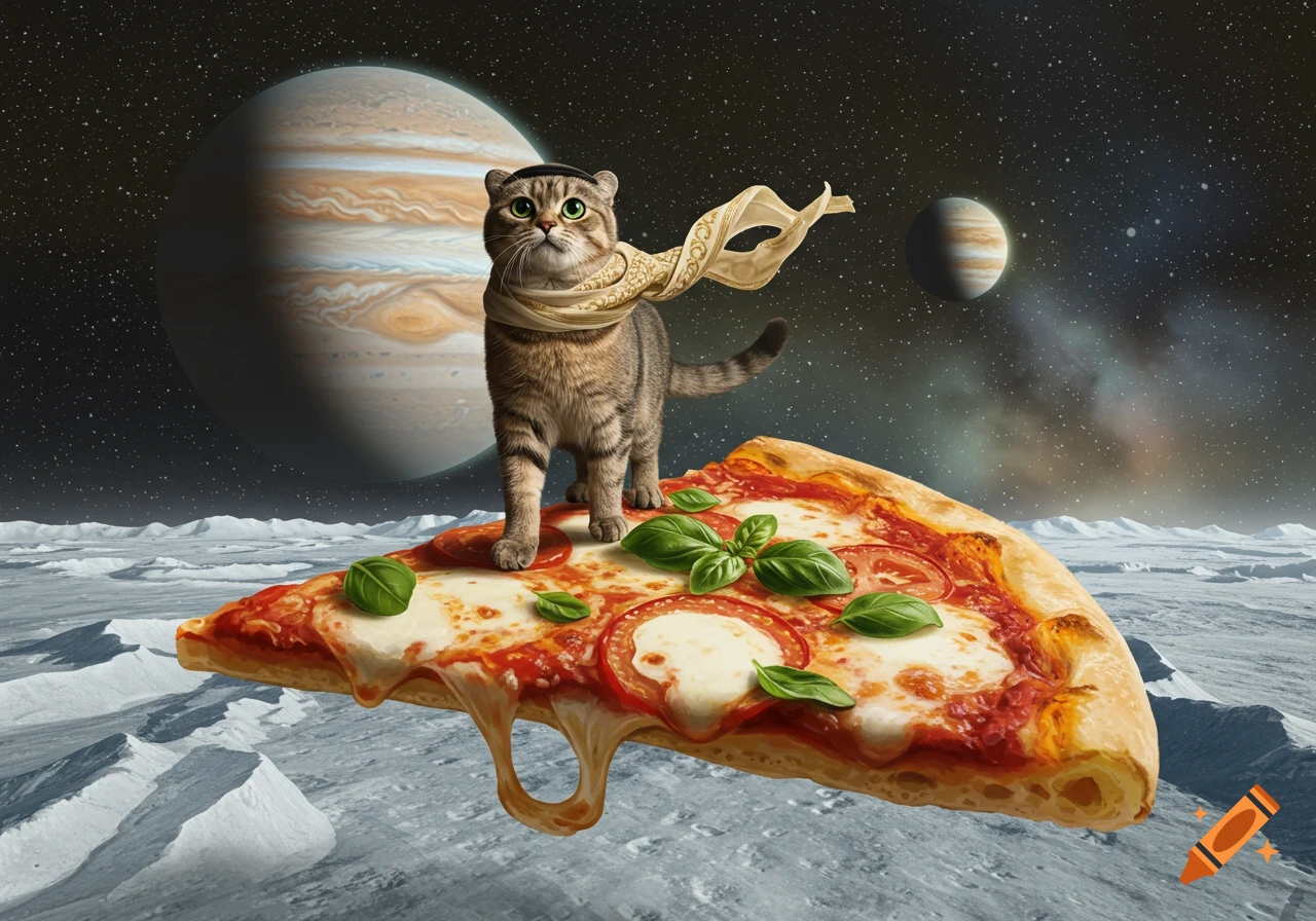 A cat wearing a scarf and hat rides a floating slice of pizza over a moon-like surface, with Jupiter and stars in the background.