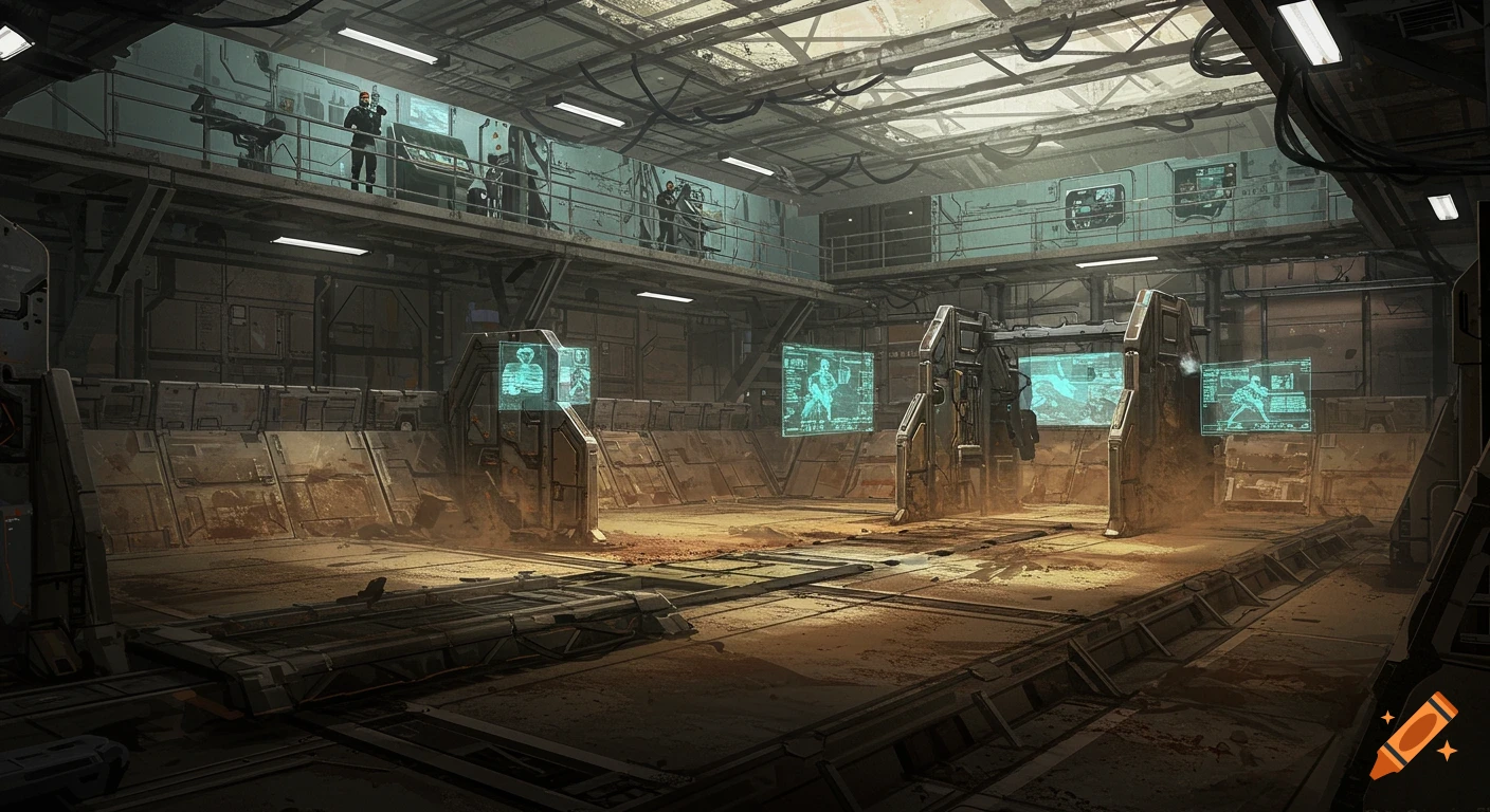 A wide view of a futuristic, dusty combat training arena with holographic screens, observation balconies, and figures monitoring in a digital painting style.