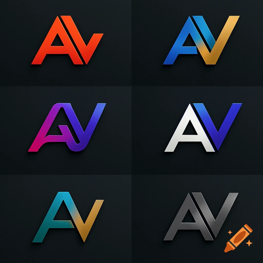Six stylized logos featuring intertwined letters A and V in various colors on a dark background.