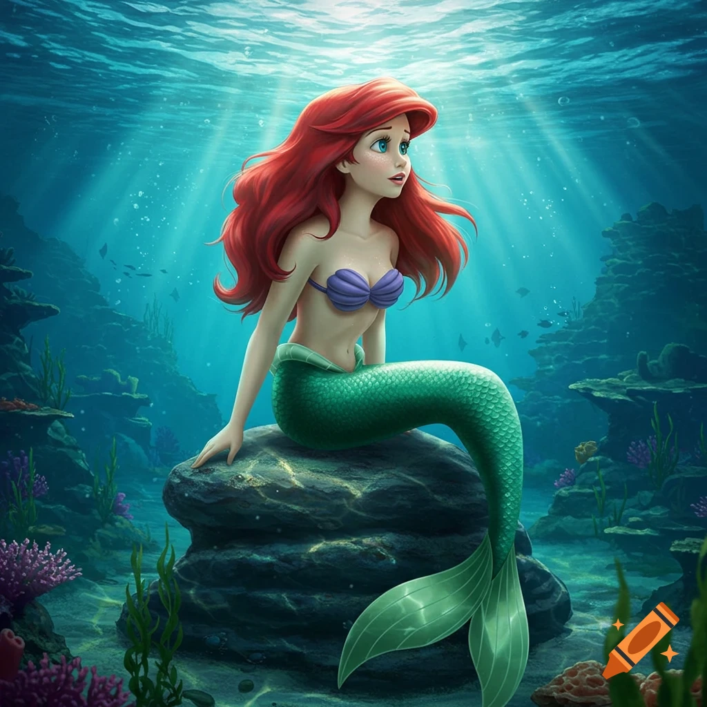 Ariel the mermaid sits on a rock underwater, sunlight streaming from above, surrounded by coral and fish.