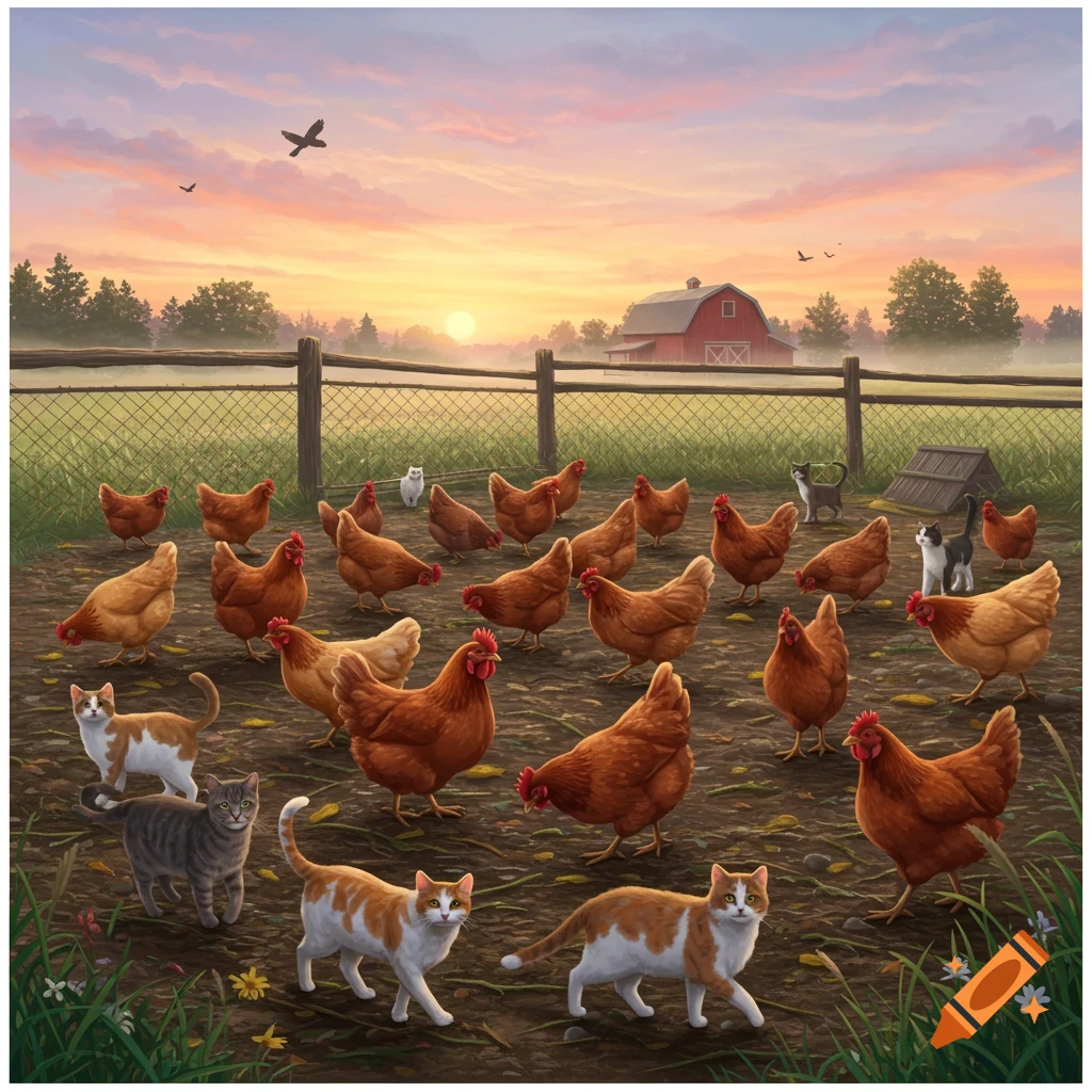 Chickens and cats in a farm pen at sunset, with a red barn in the background.