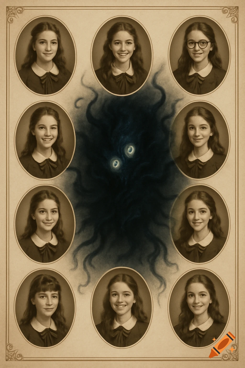 A vintage sepia-toned yearbook page with nine oval portraits of the same young girl, surrounding a dark, swirling eldritch horror with glowing eyes in the center.