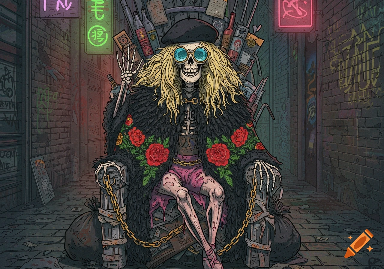 Comic book illustration of a punk skeleton queen with blonde hair, beret, blue glasses, and a rose-embroidered feather cape, sitting on a trash throne in a dark alley.
