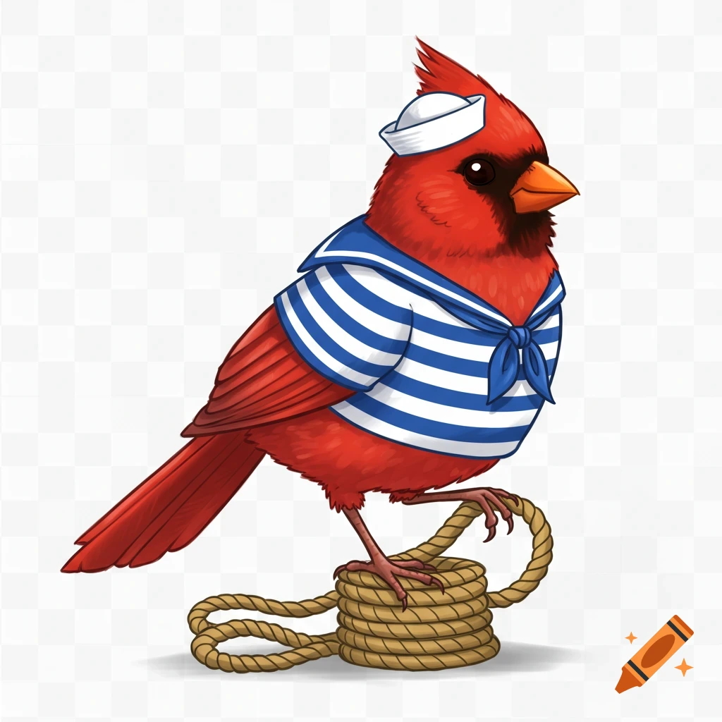 A red cardinal bird wearing a blue and white striped sailor shirt and hat, perched on a coiled rope in a cartoon style.