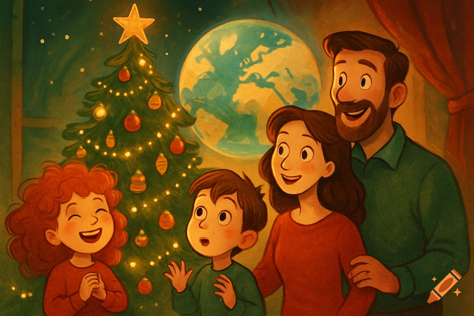 A happy cartoon family, including a mom, dad, and two children, stands by a glowing Christmas tree with a map of the world in the background.