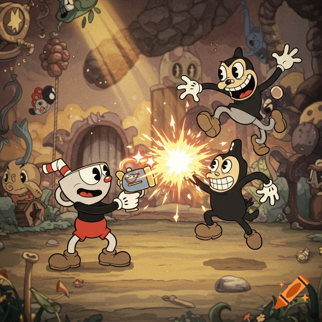Cuphead shooting a toy laser gun at two grinning monkey-like characters in a vibrant, vintage cartoon landscape.