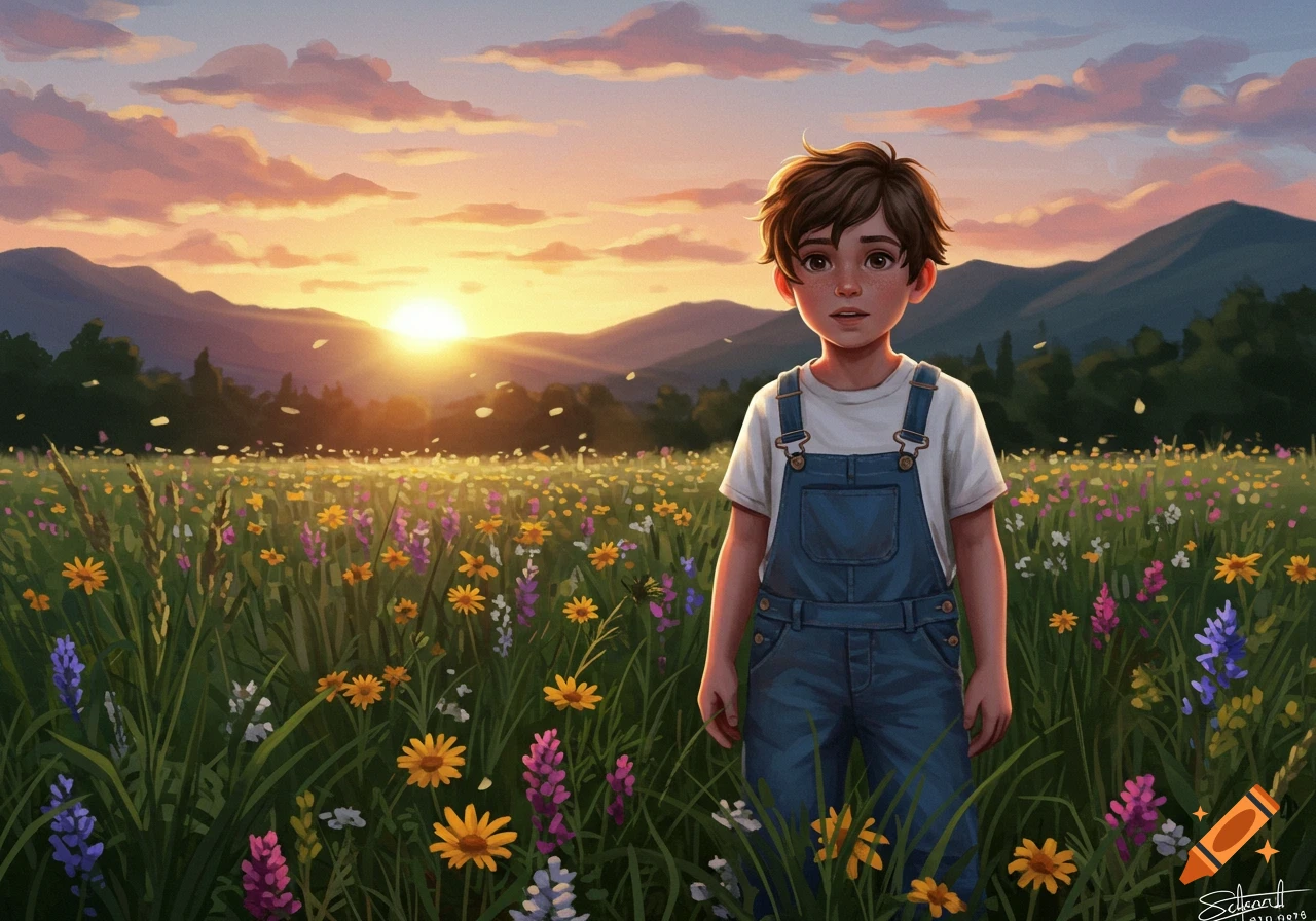 A young boy in blue overalls stands in a vibrant wildflower field at sunset, with mountains in the background, illustrated art.