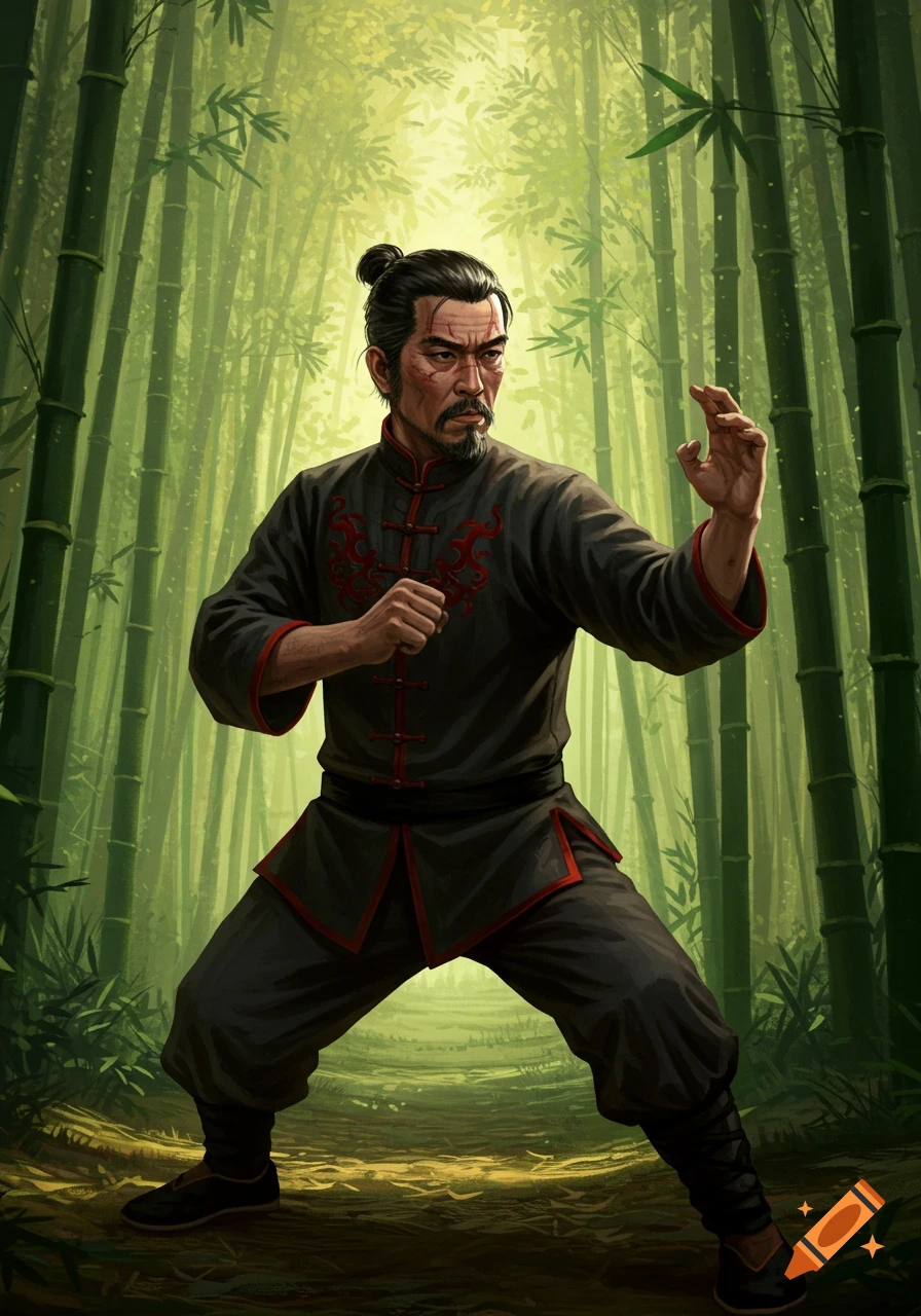 A grizzled martial artist in a black tunic with red trim, standing in a dynamic pose within a vibrant bamboo forest. Digital art.
