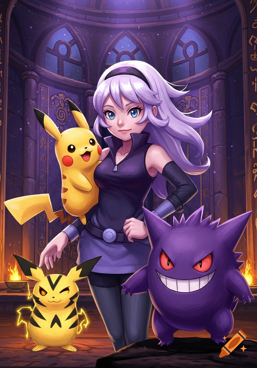 Sabrina, a female anime character with purple hair, stands between Pikachu and a Pichu, and Gengar in a dark temple.