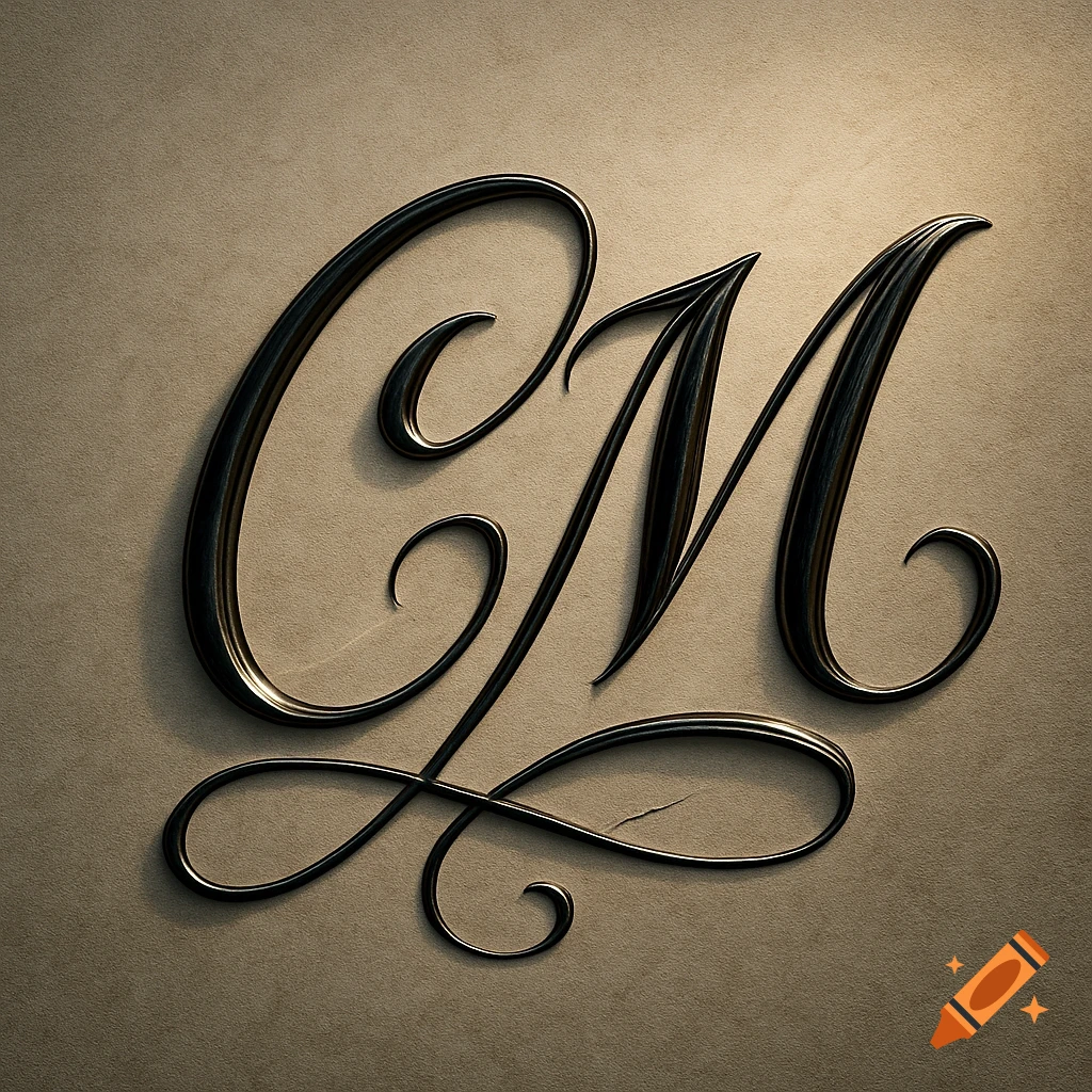 Elegant, dark metallic 'CM' monogram in a flowing script on a textured beige background.