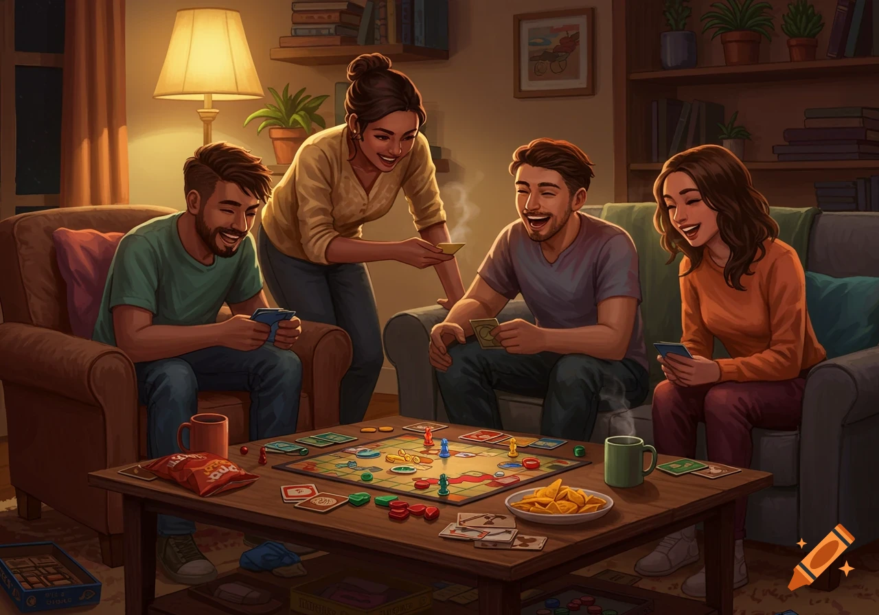 Four friends laugh while playing a board game in a warmly lit living room with snacks. Illustrated style.