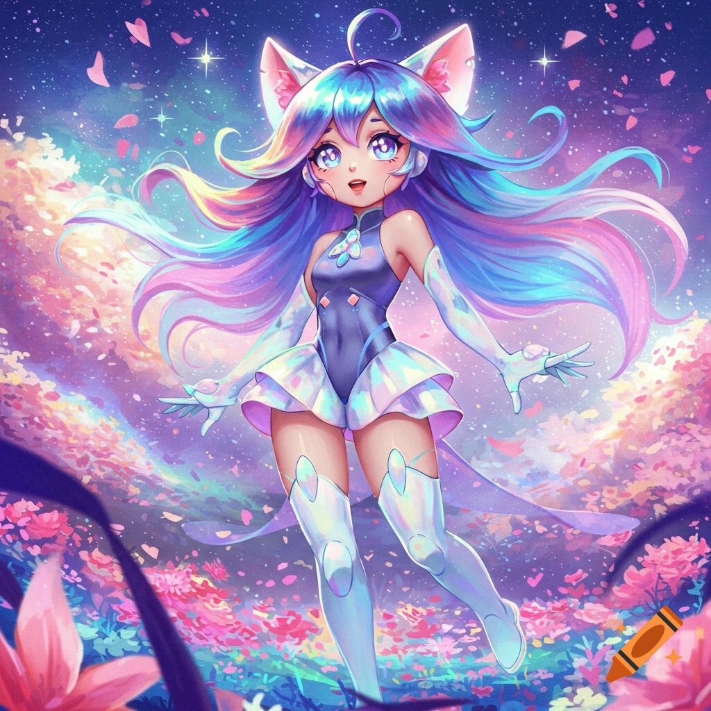 A cute anime cat girl with rainbow hair and large eyes, wearing a futuristic outfit, floats among glowing flowers and stars in a vibrant, pastel fantasy world.
