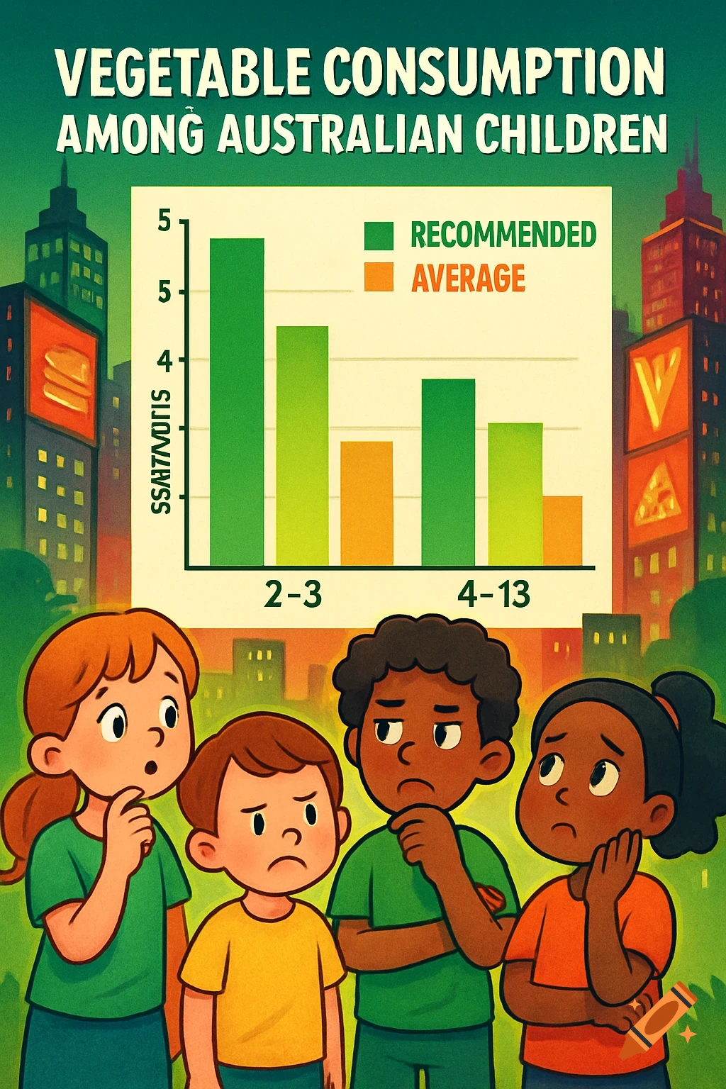Four concerned cartoon children stand before a bar graph illustrating vegetable consumption among Australian children.