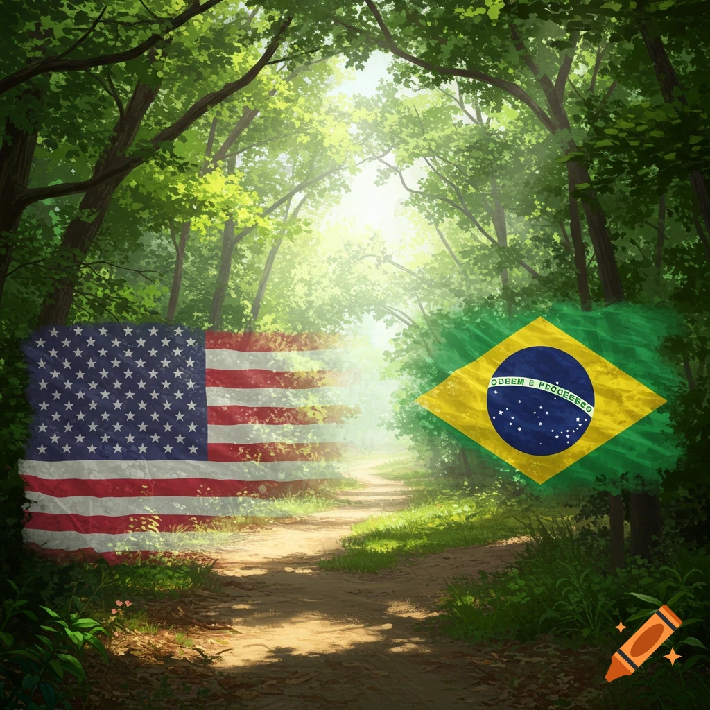 A sunlit forest path with transparent overlays of the US flag on the left and the Brazilian flag on the right.