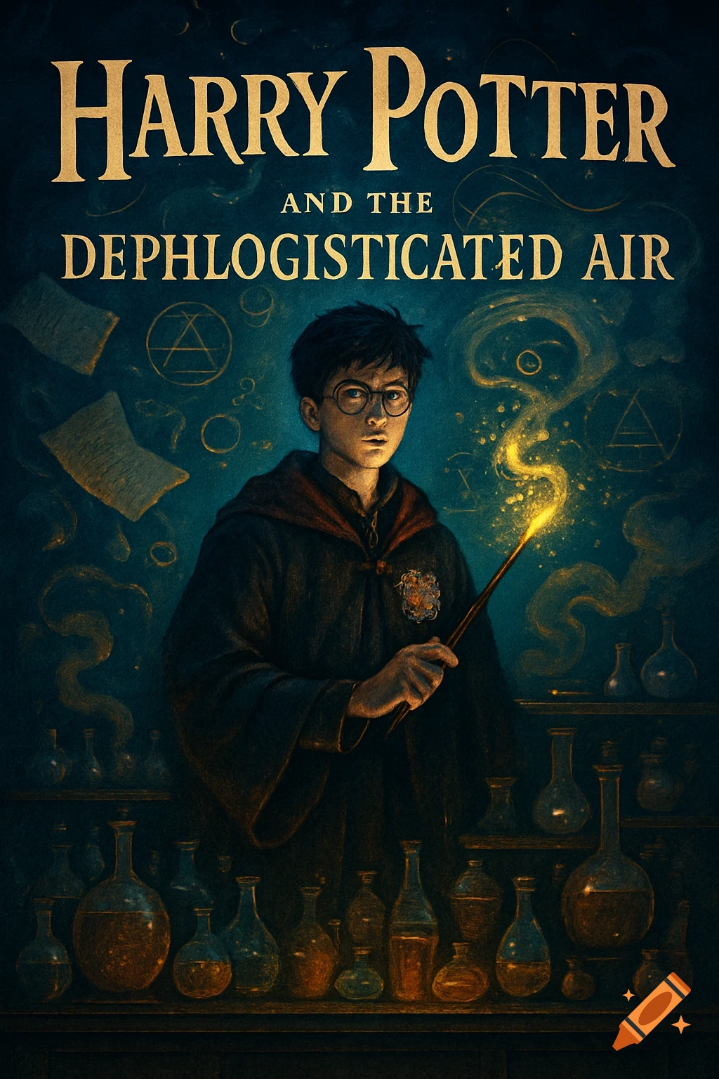 Illustration of Harry Potter on a book cover, holding a glowing wand in a dark room with potion bottles and alchemical symbols. Text reads 'Harry Potter and the Dephlogisticated Air'.