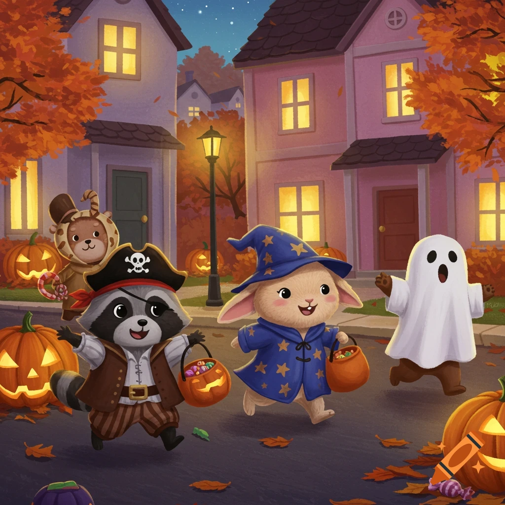 Cute cartoon animals in Halloween costumes, including a pirate raccoon, wizard bunny, and ghost, trick-or-treating at night in a neighborhood.