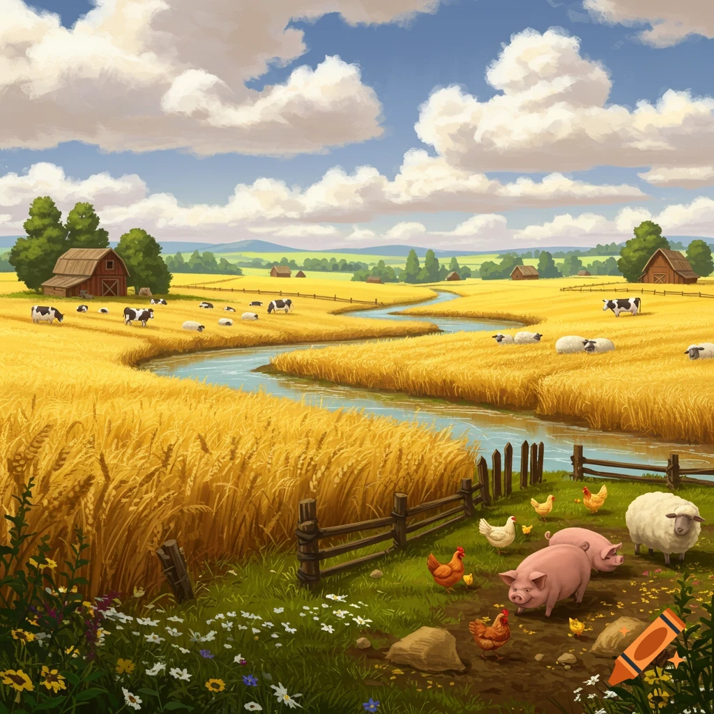 A vibrant cartoon farm scene with golden wheat fields, a winding river, a barn, cows, sheep, pigs, and chickens under a blue sky with fluffy clouds.