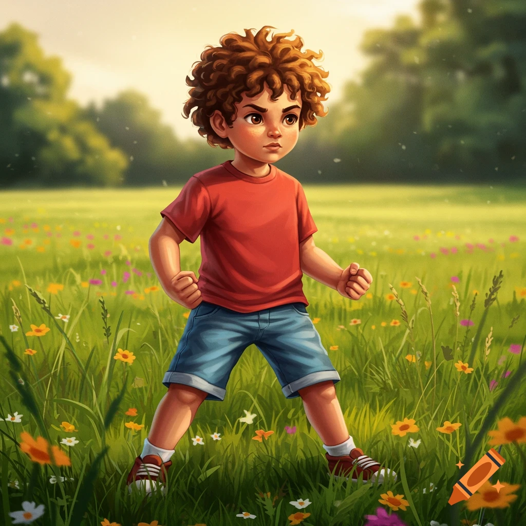 A determined-looking cartoon boy with curly brown hair in a red shirt and blue shorts stands in a vibrant flowery field.