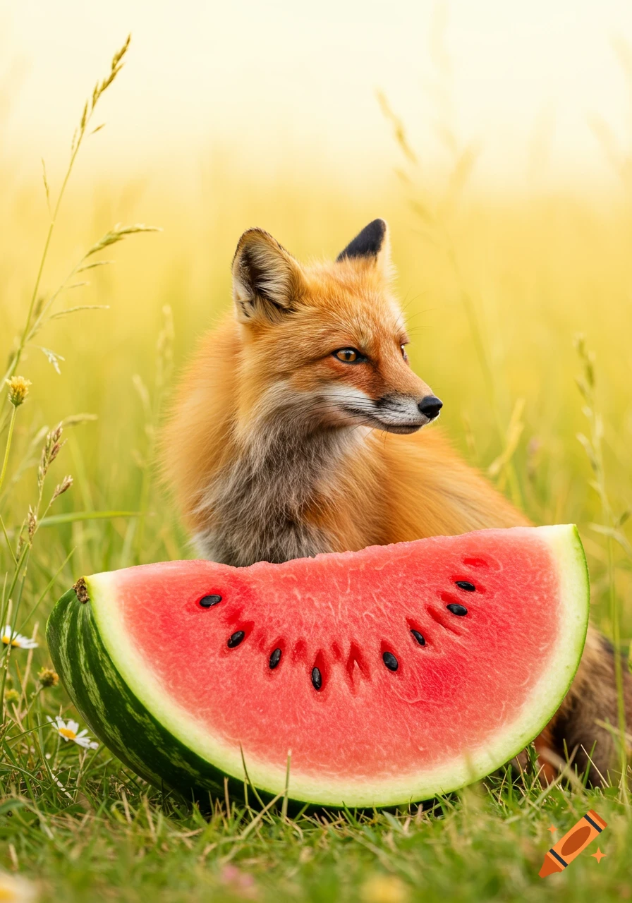 A photorealistic red fox sits behind a large slice of red watermelon in a sunny grassy field.