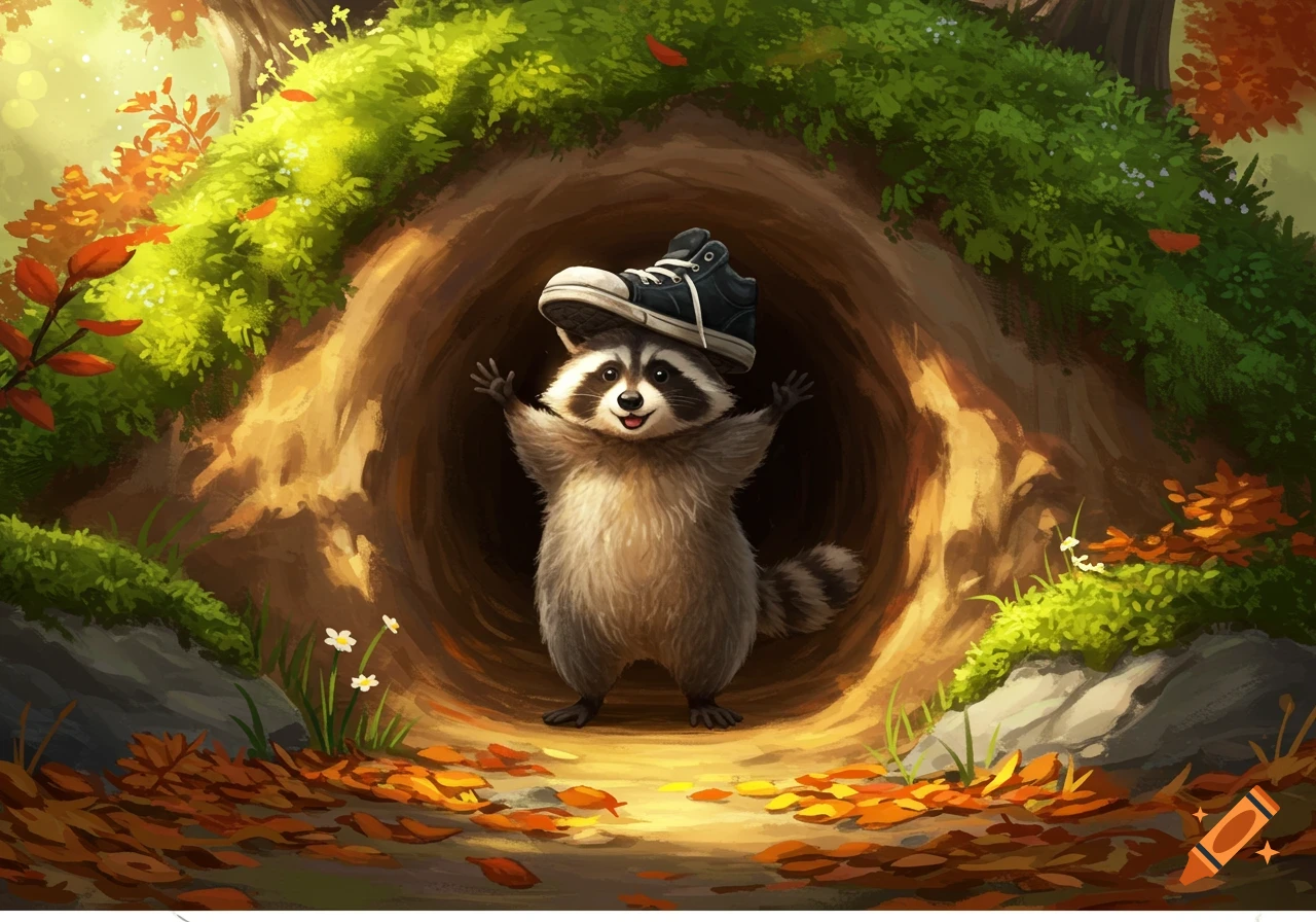 A cute, cartoon raccoon with a black tennis shoe on its head like a hat stands in a forest burrow, surrounded by autumn leaves.