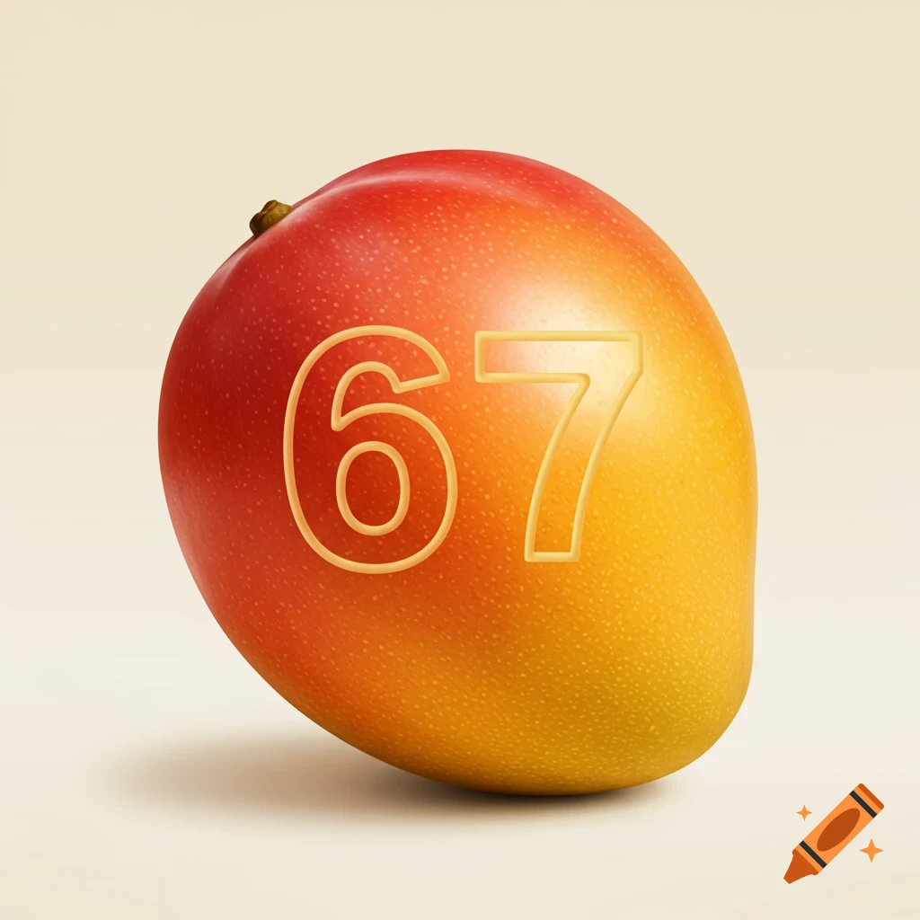 A close-up of a ripe red and yellow mango with the numbers '67' carved into its skin, against a light background.