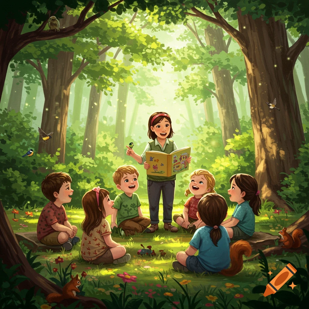An illustrated scene of a teacher reading a storybook to a group of young children sitting on the grass in a sunny, lush forest.