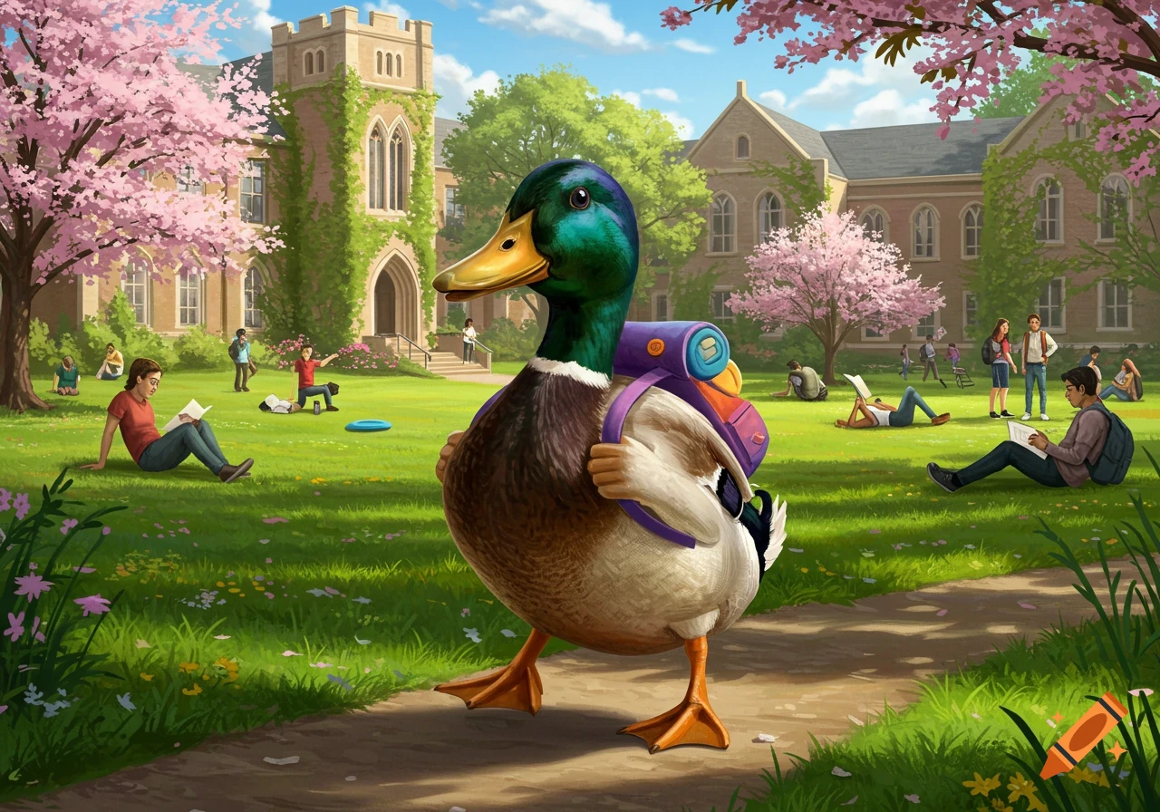 A cartoon mallard duck wearing a purple backpack walks on a college campus lawn with students and cherry blossom trees.