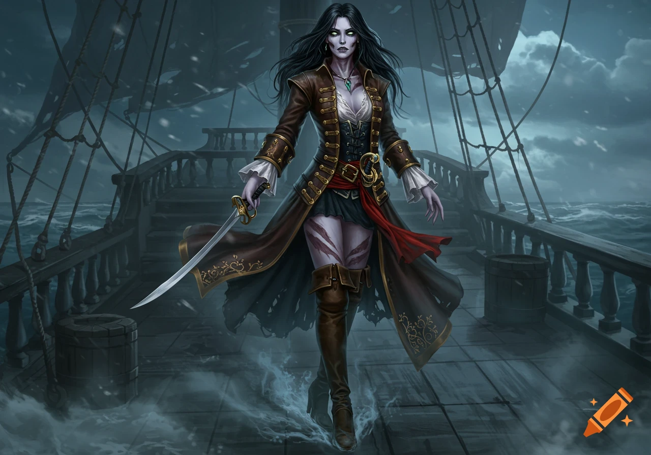 A hauntingly beautiful, pale-skinned female pirate with black hair and glowing eyes, holding a sword on a stormy ship deck, digital painting.