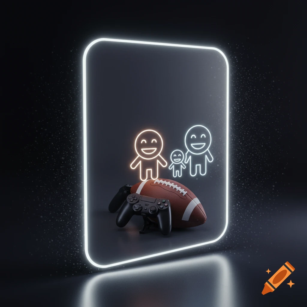 A football, game controllers, and neon outline figures within a glowing rectangular frame on a dark background.