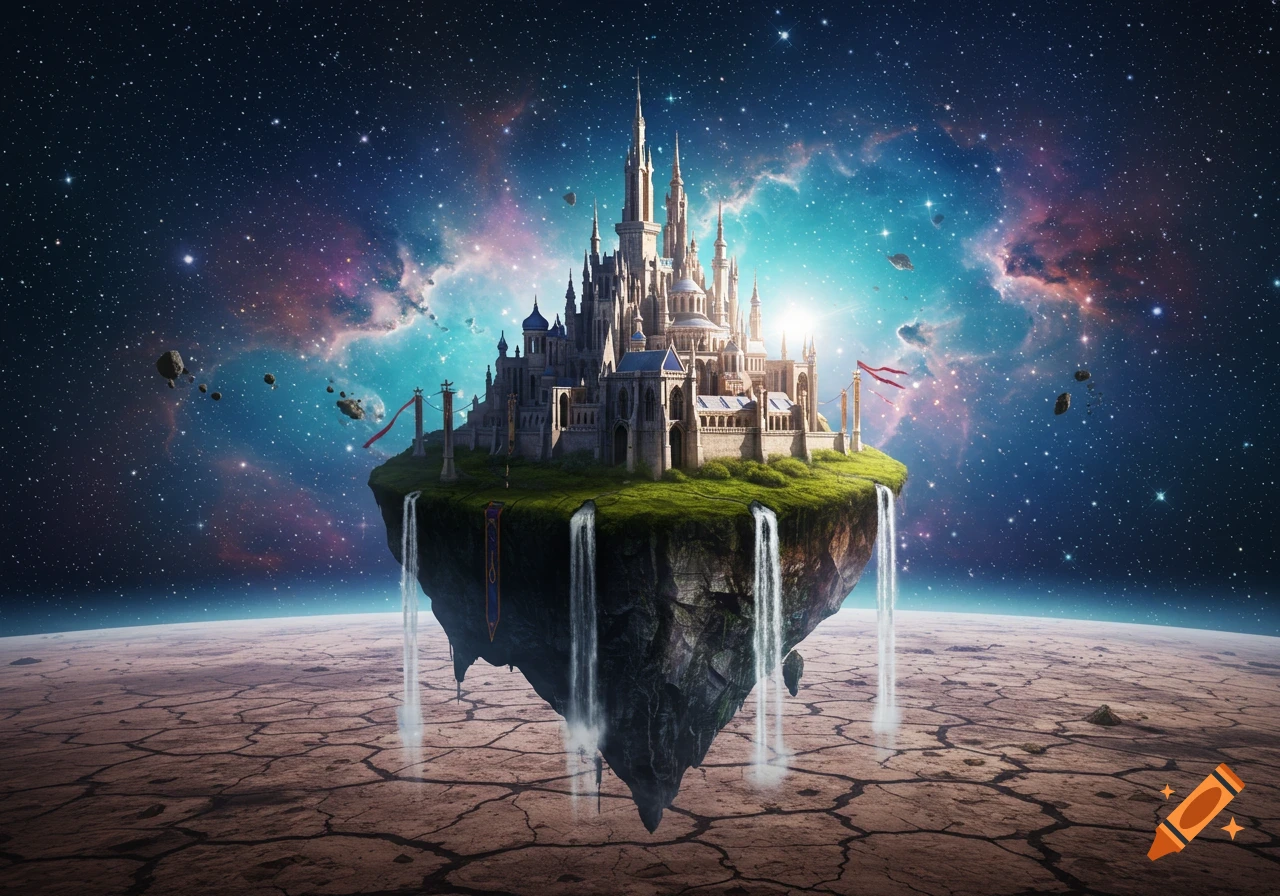 Grand fantasy castle on a lush floating island with waterfalls, above a cracked planet under a vibrant starry nebula sky.