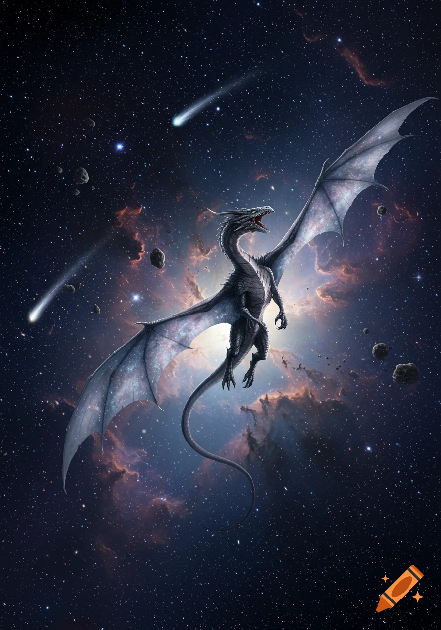 A majestic dragon with large wings flies through a starry galaxy, with nebulae and asteroids in the background.