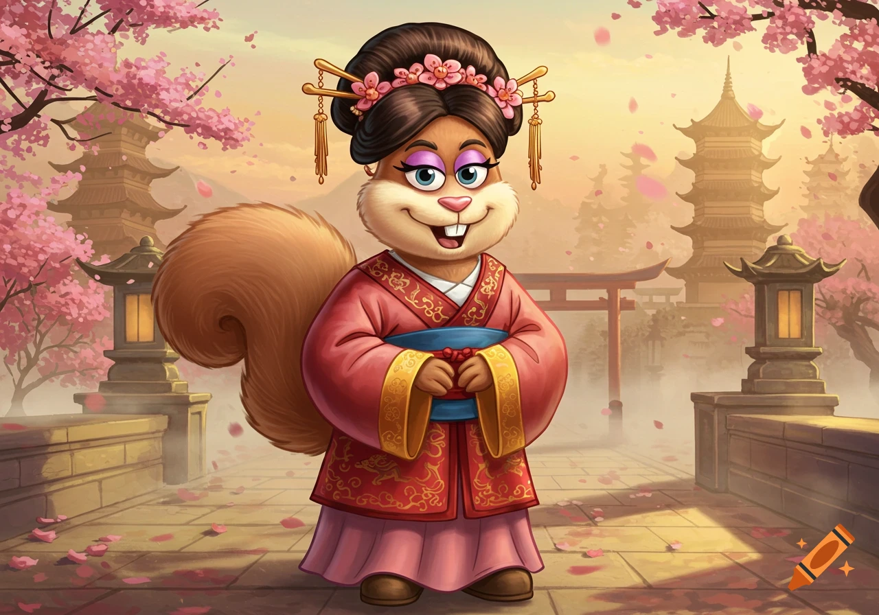 A cartoon squirrel in a pink and red traditional Japanese dress and elaborate hairstyle stands on a path with cherry blossoms and pagodas.