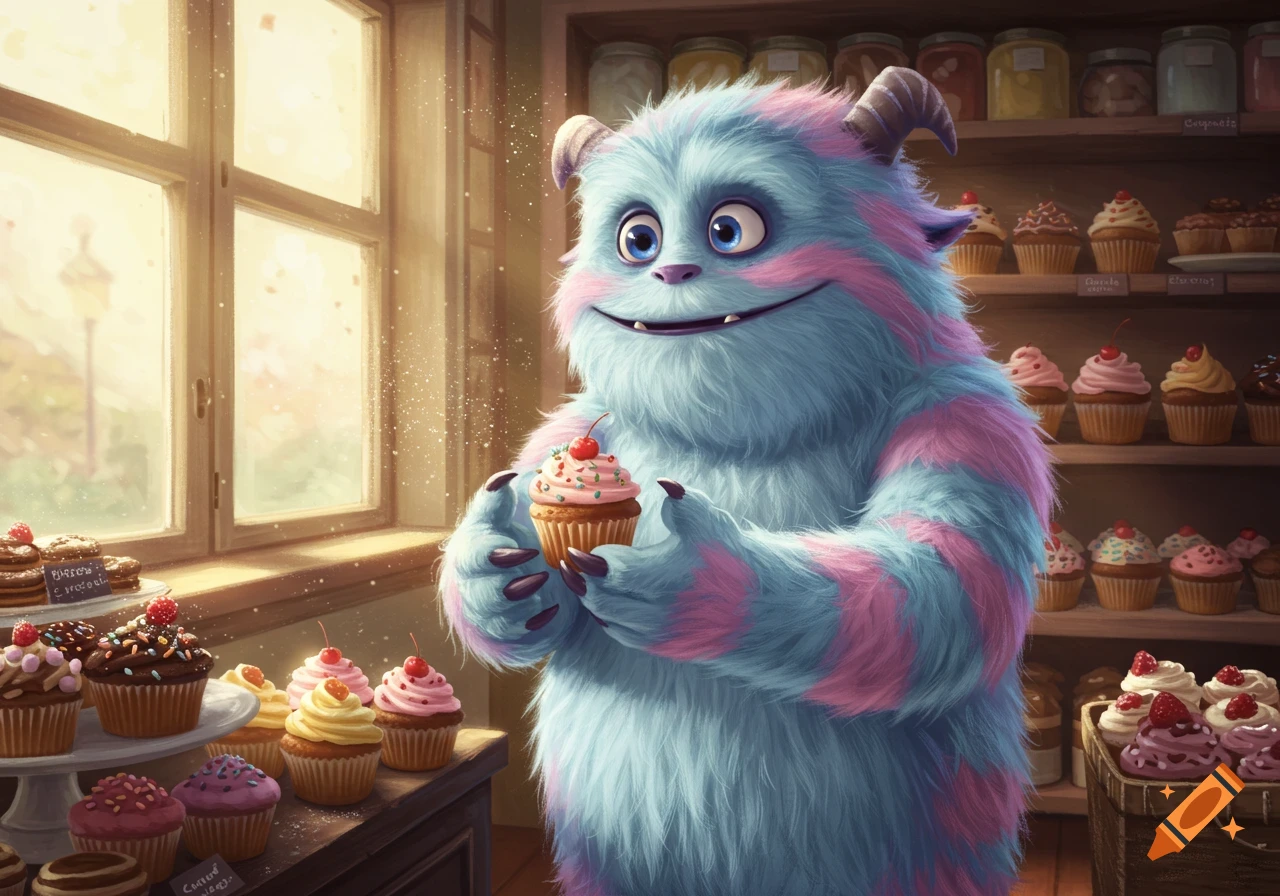 A cute, fluffy blue and pink monster smiles while holding a cupcake in a sunlit bakery filled with various pastries.