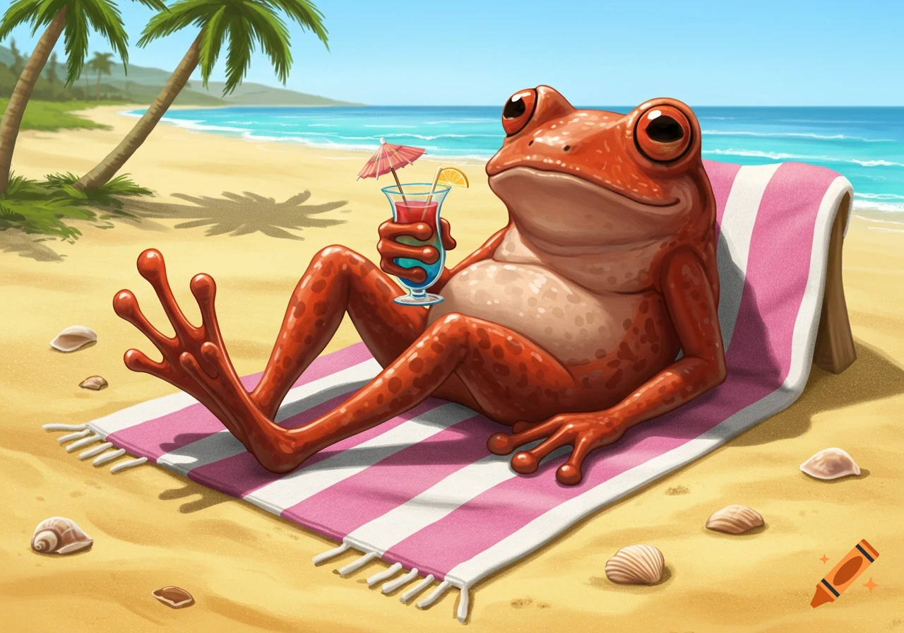 A cartoonish red frog relaxes on a striped towel on a sandy beach, holding a tropical drink with palm trees and ocean in the background.