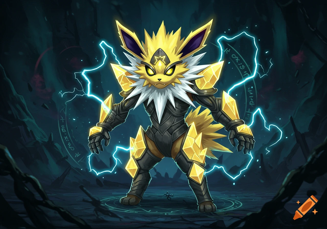 A heavily armored Jolteon with sharp yellow crystal armor and glowing lightning stands in a dark, mystical cavern.