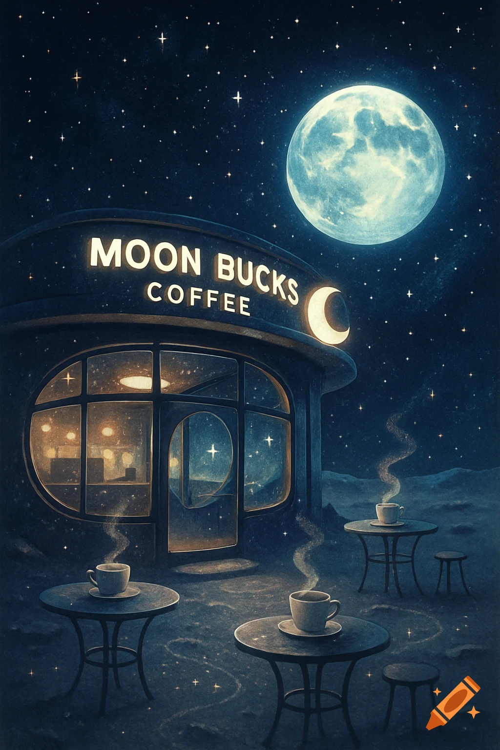 A whimsical Moon Bucks coffee shop on the moon under a starry night sky with a large full moon, illustration style.