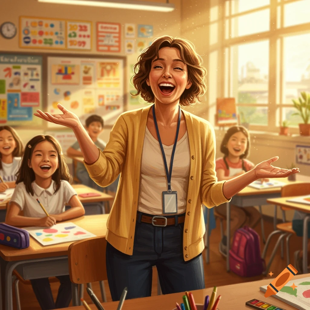A happy female teacher with a lanyard smiles and gestures with open hands in a brightly lit classroom, with smiling children at desks in the background.