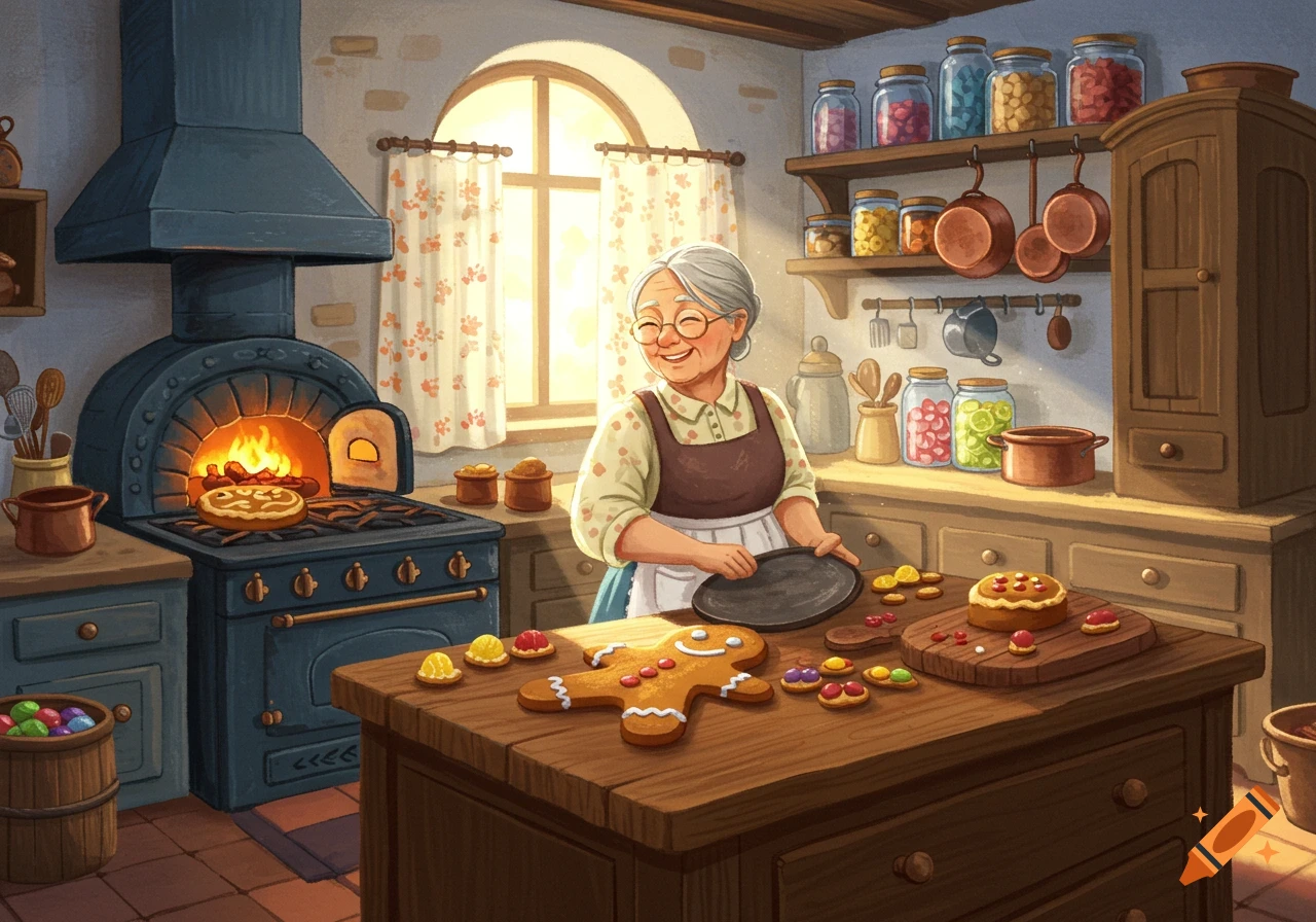 An old woman bakes a gingerbread man in a cozy, sunlit cartoon kitchen, decorated with jars and cooking pots.