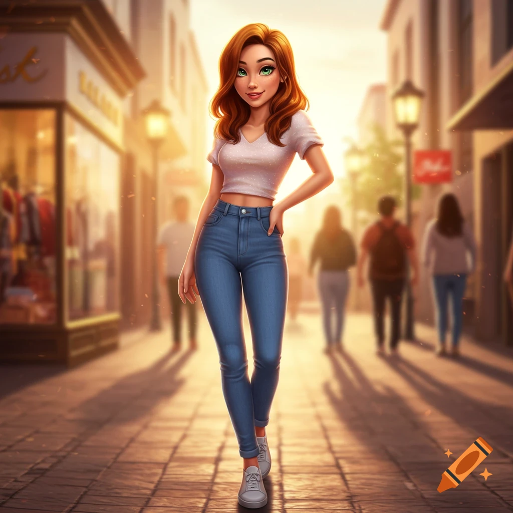 A smiling, stylized woman with red hair in a crop top and jeans walks on a sunlit cobblestone street in a city.