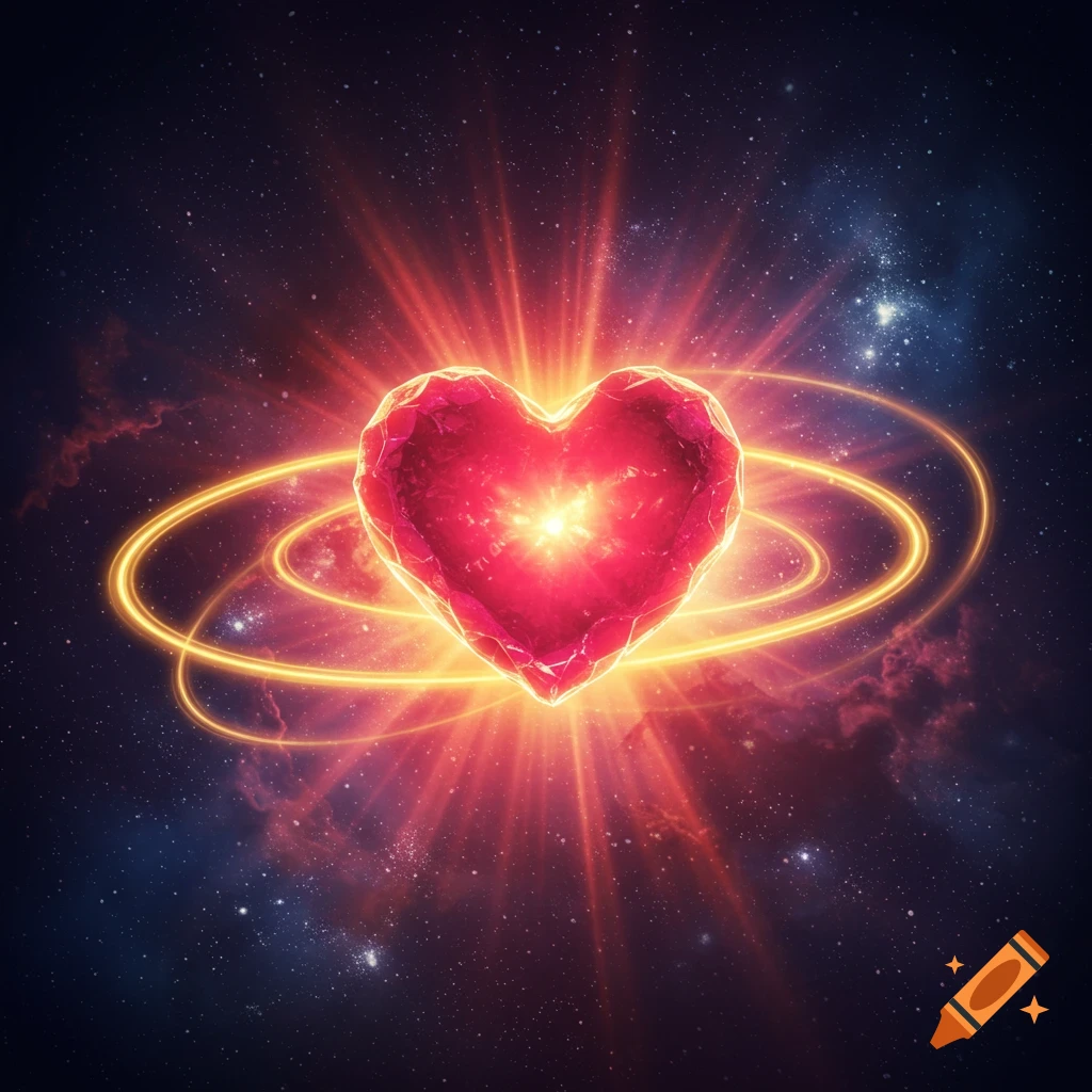 A vibrant, faceted red heart glows brightly with golden rings orbiting it in a starry cosmic background.
