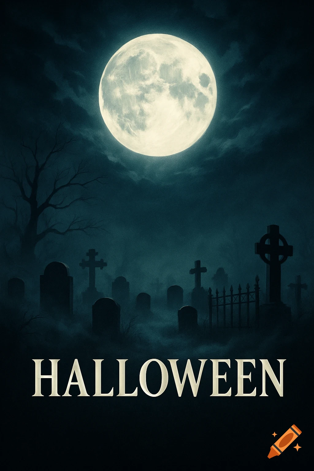 A spooky Halloween scene with a full moon, bare tree, misty graveyard, and "HALLOWEEN" text.