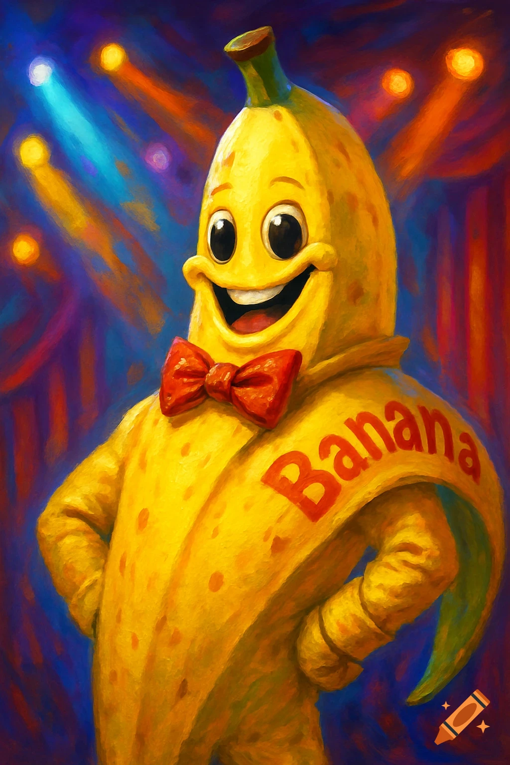 A cheerful banana mascot wearing a yellow costume with a red bowtie and the word 'Banana' on its chest, painted in a vibrant, impressionistic style with colorful stage lights in the background.